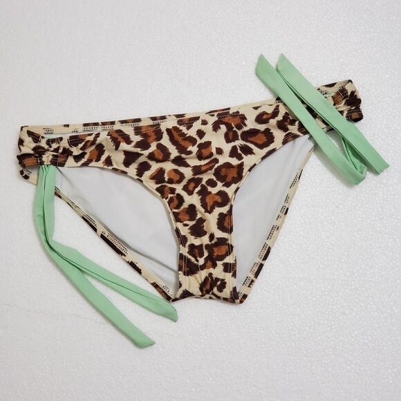 Gianni Bini Ruffle Bandeau Strapless Seafoam Green Leopard Print Bikini - Picture 6 of 9